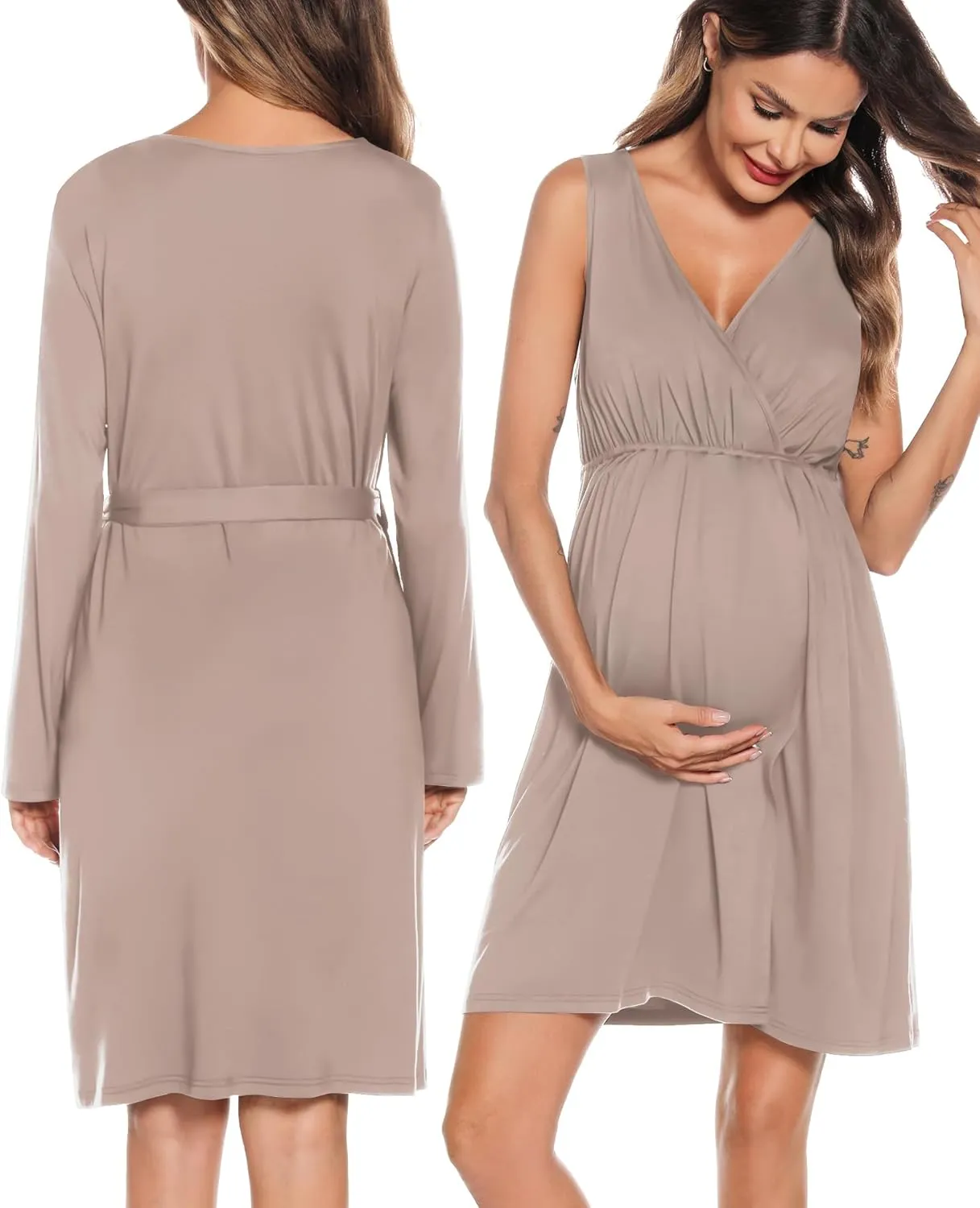 SWOMOG Women Maternity Nursing Gown and Robe Set 3 in 1 Labor Delivery Nursing Nightgown for Breastfeeding Hospital Bathrobe