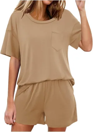 TANGNADE Womens Summer Two Piece Matching Outfits Set Short Sleeve Pajamas Comfy Sets Casual Lounge Sleepwear Clothing