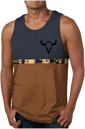 Tank Top Men Ethnic Color Block Vintage Tees Summer Bull Skull Print Shirts Sleeveless Beachwear Casual Pullover Tops