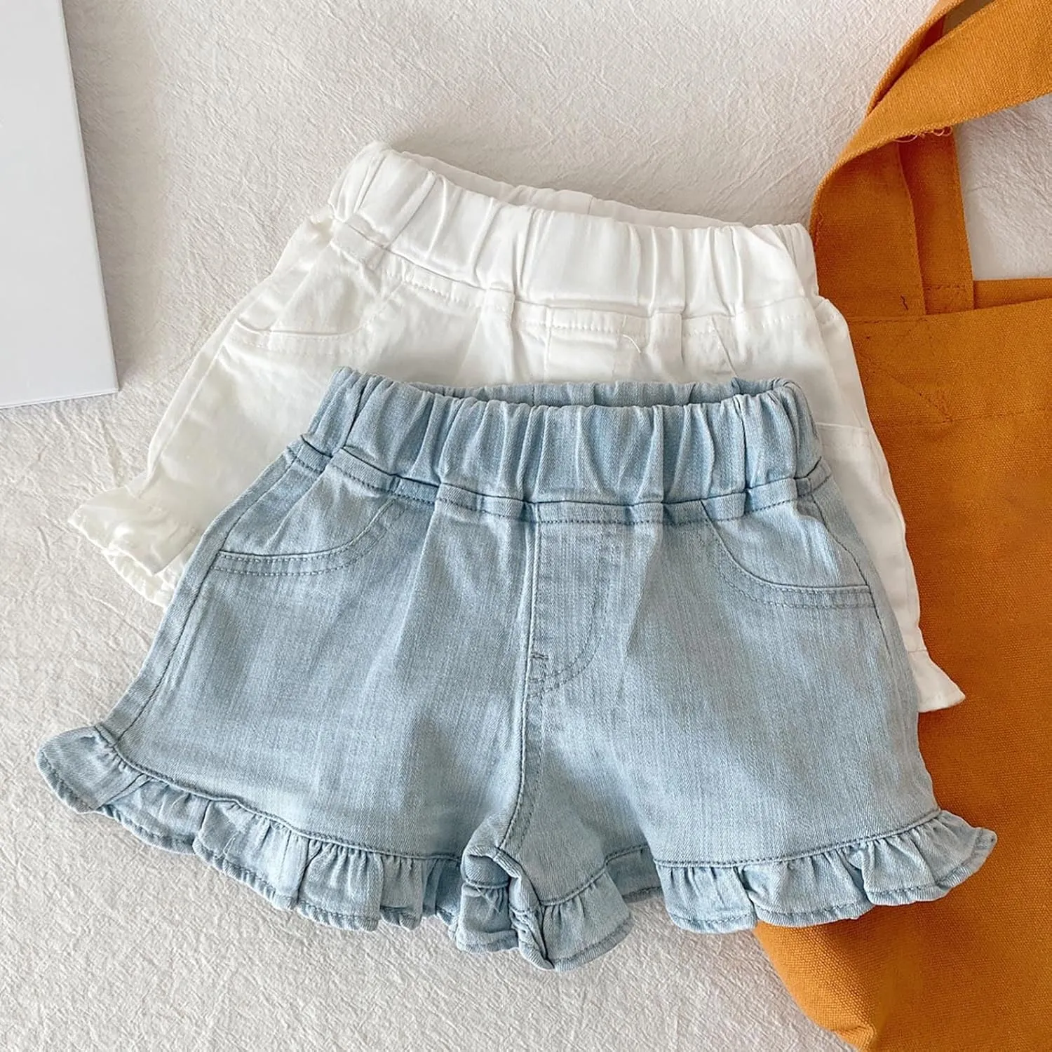 Toddler Girls Kids Summer Denim Shorts Little Baby Cute Solid Color Elastic Waistband Ruffle Jean Shorts with Pockets