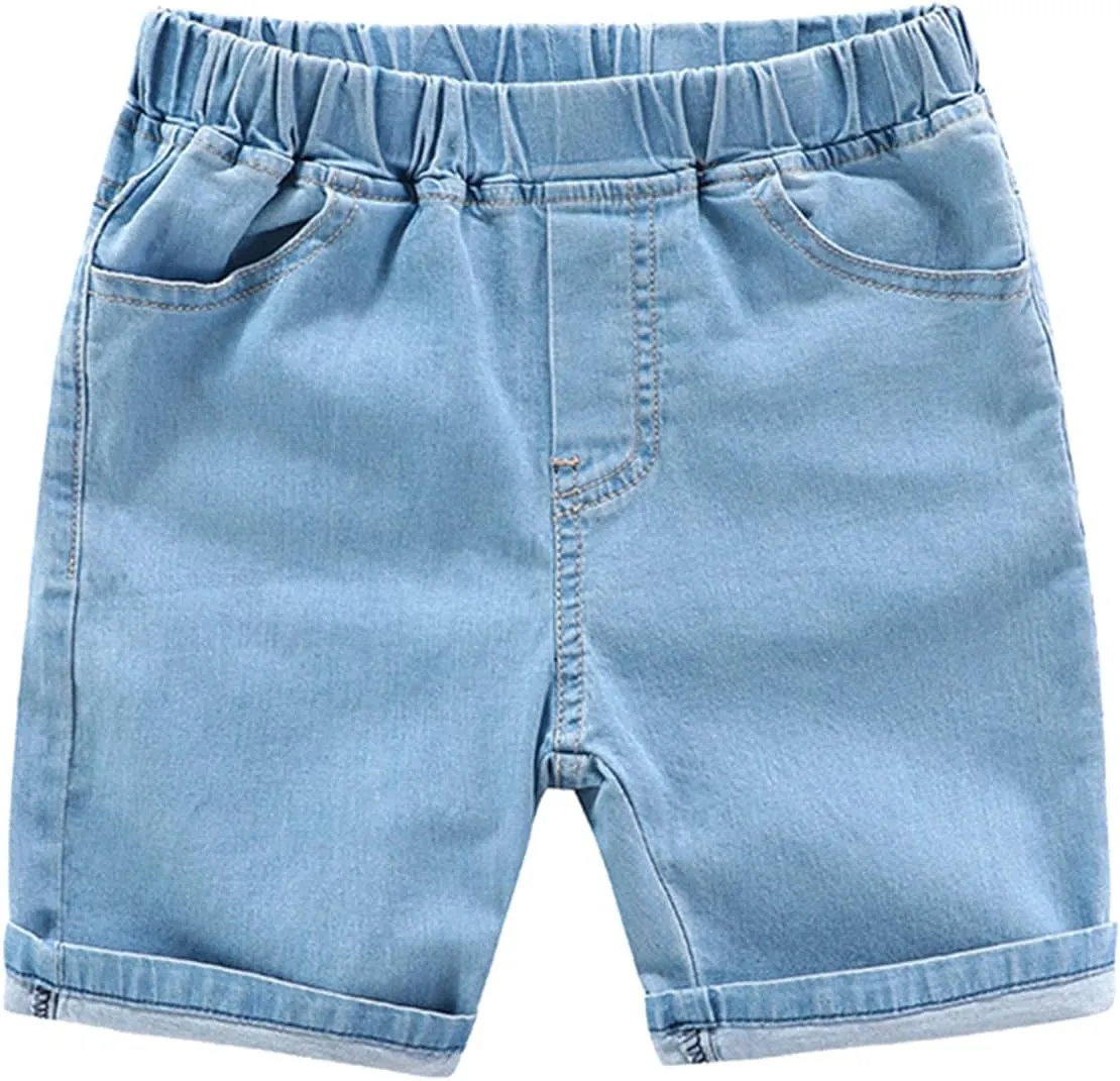 Toddler Pull On Chambray Shorts Boys Girls Roll Up Hem Denim Shorts Elastic Waist Midi Jeans Pants Baby Summer Clothes