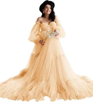 Tulle Maternity Dresses for Photoshoot Off Shoulder Robes Long Sleeve Bridal Lingerie Baby Shower Pregnancy Gowns