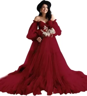 Tulle Maternity Dresses for Photoshoot Off Shoulder Robes Long Sleeve Bridal Lingerie Baby Shower Pregnancy Gowns