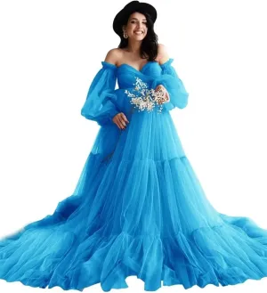 Tulle Maternity Dresses for Photoshoot Off Shoulder Robes Long Sleeve Bridal Lingerie Baby Shower Pregnancy Gowns