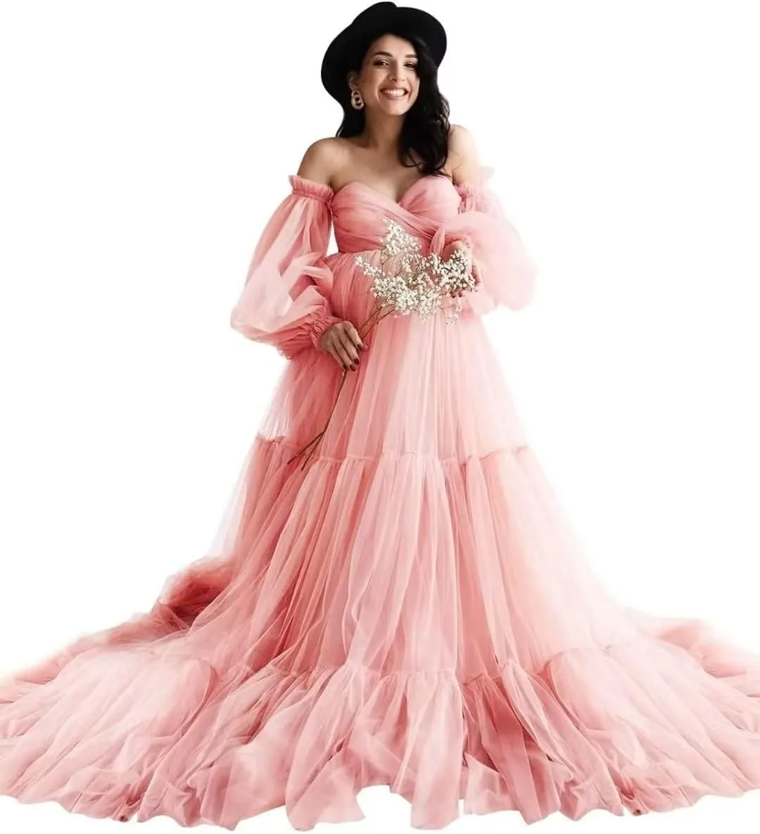 Tulle Maternity Dresses for Photoshoot Off Shoulder Robes Long Sleeve Bridal Lingerie Baby Shower Pregnancy Gowns