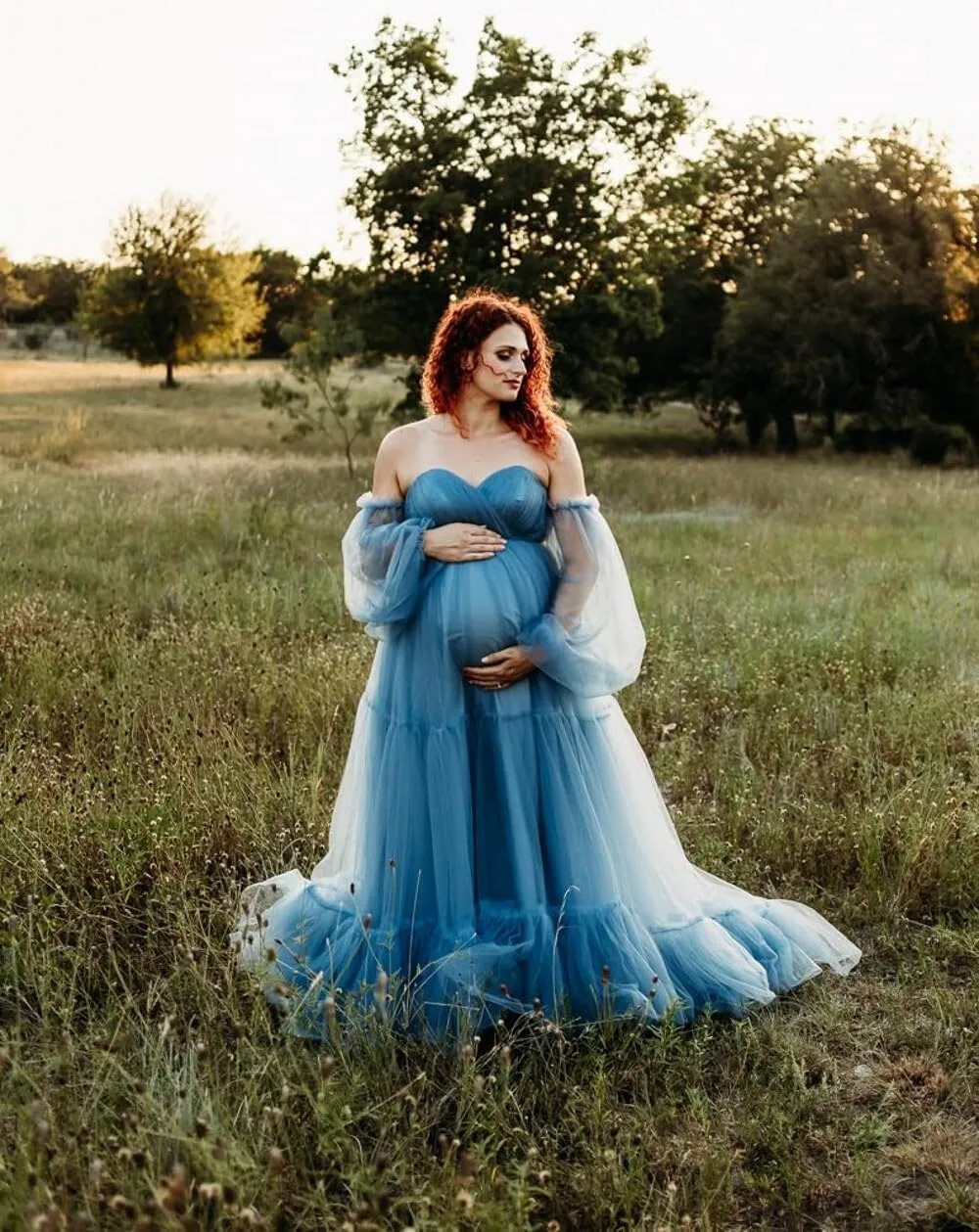 Tulle Maternity Dresses for Photoshoot Off Shoulder Robes Long Sleeve Bridal Lingerie Baby Shower Pregnancy Gowns