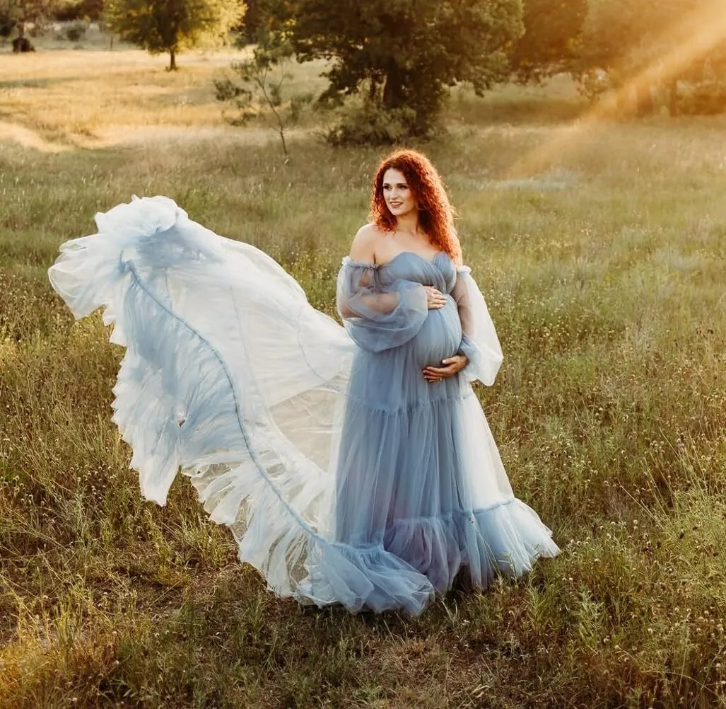 Tulle Maternity Dresses for Photoshoot Off Shoulder Robes Long Sleeve Bridal Lingerie Baby Shower Pregnancy Gowns