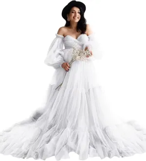 Tulle Maternity Dresses for Photoshoot Off Shoulder Robes Long Sleeve Bridal Lingerie Baby Shower Pregnancy Gowns
