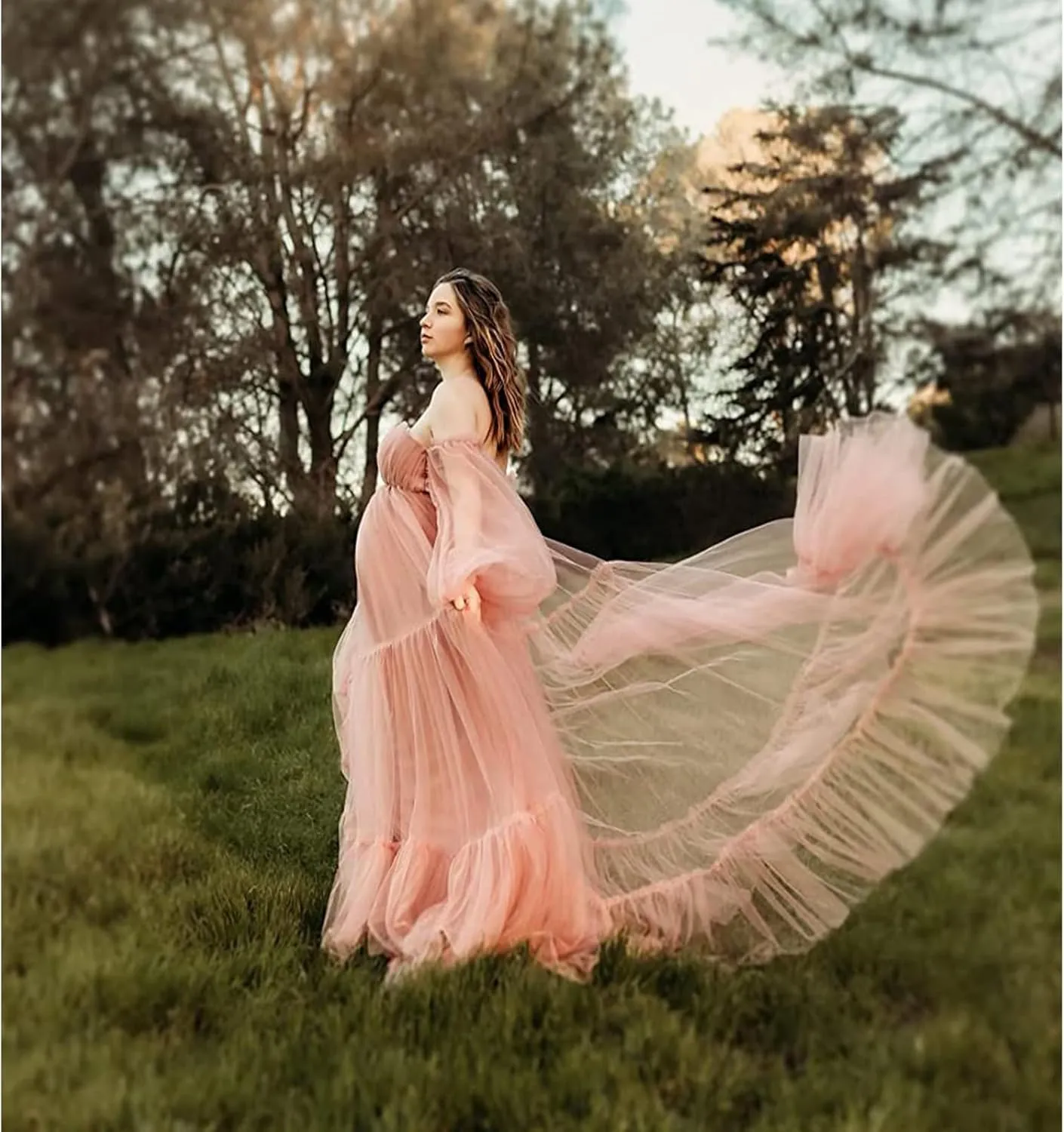 Tulle Maternity Dresses for Photoshoot Off Shoulder Robes Long Sleeve Bridal Lingerie Baby Shower Pregnancy Gowns