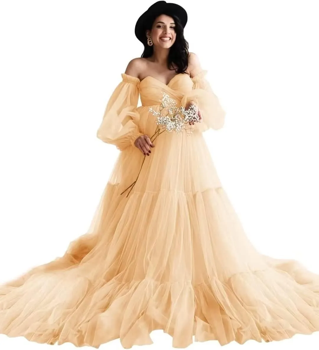 Tulle Maternity Dresses for Photoshoot Off Shoulder Robes Long Sleeve Bridal Lingerie Baby Shower Pregnancy Gowns