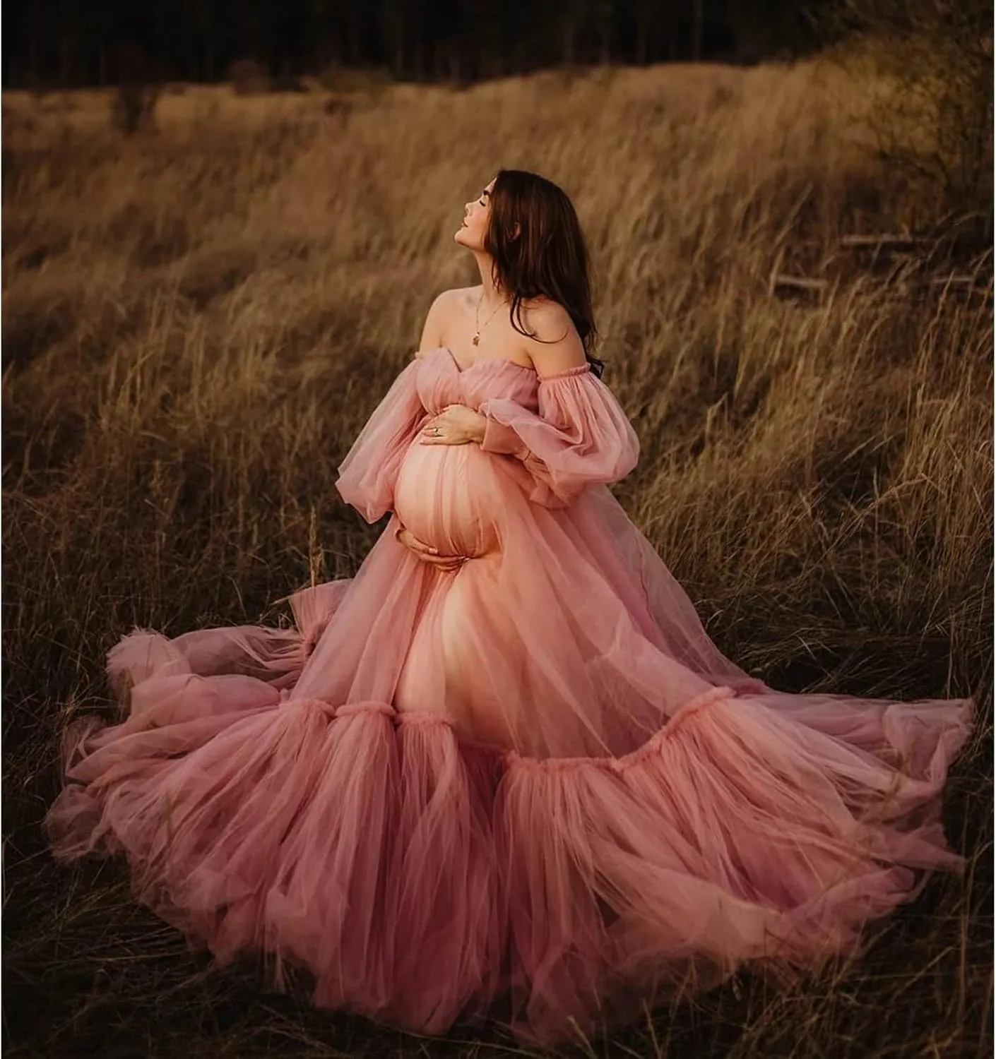 Tulle Maternity Dresses for Photoshoot Off Shoulder Robes Long Sleeve Bridal Lingerie Baby Shower Pregnancy Gowns
