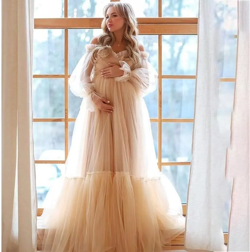 Tulle Maternity Dresses for Photoshoot Puffy Long Sleeve Off Shoulder Bridal Robes Baby Shower Pregnancy Gowns