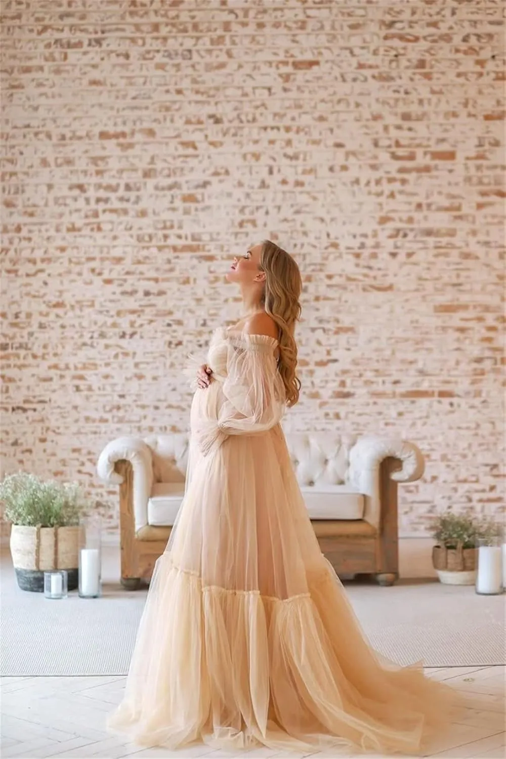 Tulle Maternity Dresses for Photoshoot Puffy Long Sleeve Off Shoulder Bridal Robes Baby Shower Pregnancy Gowns