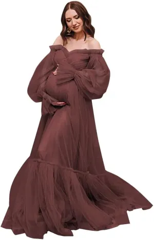 Tulle Maternity Dresses for Photoshoot Puffy Long Sleeve Off Shoulder Bridal Robes Baby Shower Pregnancy Gowns