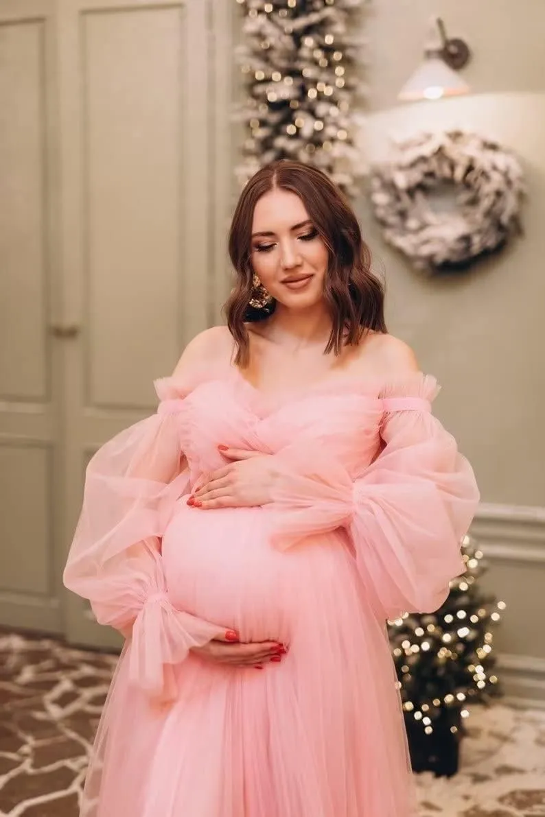 Tulle Maternity Dresses for Photoshoot Puffy Long Sleeve Off Shoulder Bridal Robes Baby Shower Pregnancy Gowns