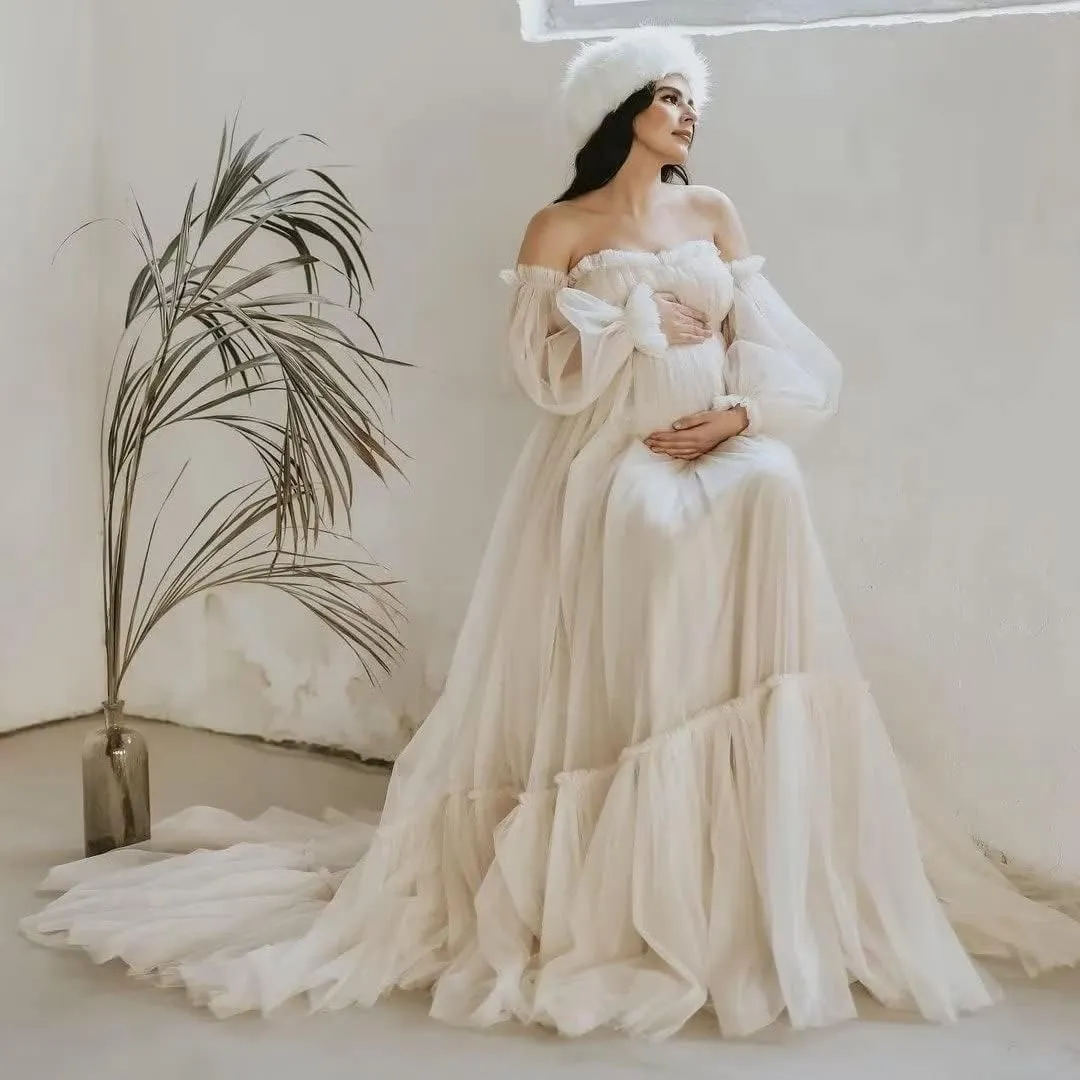 Tulle Maternity Dresses for Photoshoot Puffy Long Sleeve Off Shoulder Bridal Robes Baby Shower Pregnancy Gowns