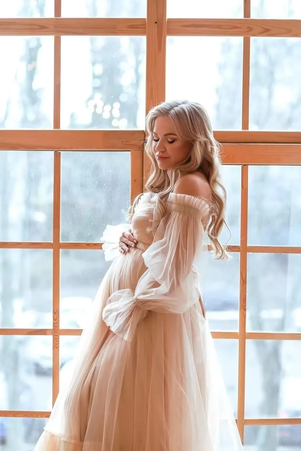 Tulle Maternity Dresses for Photoshoot Puffy Long Sleeve Off Shoulder Bridal Robes Baby Shower Pregnancy Gowns
