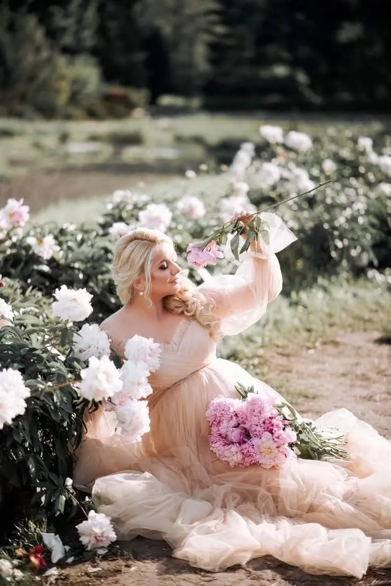 Tulle Maternity Dresses for Photoshoot Puffy Long Sleeve Off Shoulder Bridal Robes Baby Shower Pregnancy Gowns