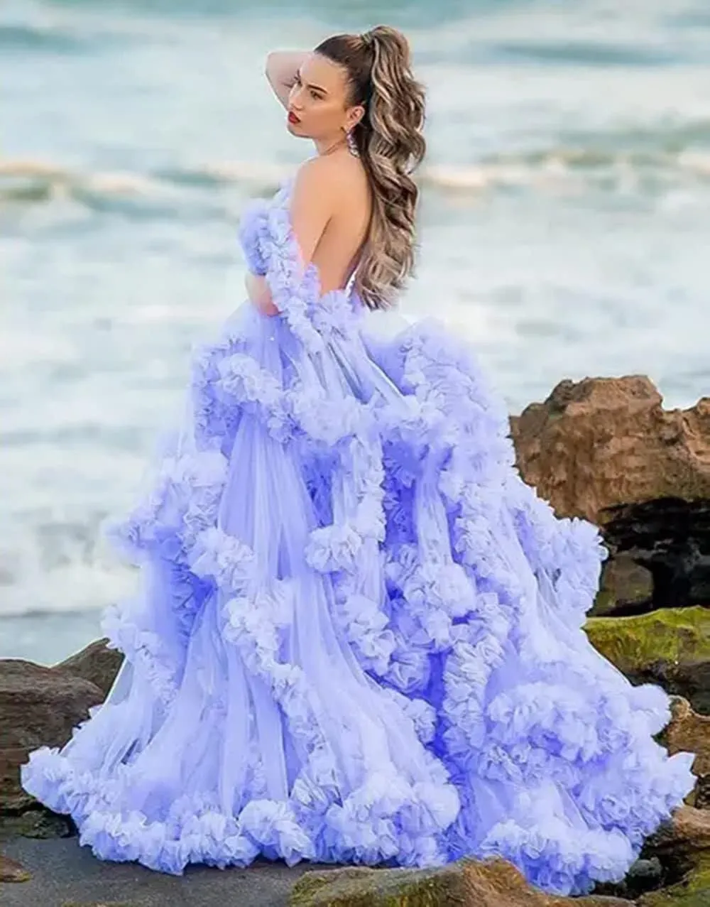 Tulle Maternity Dresses for Photoshoot Puffy Ruffles Bridal Lingerie Bathgown Sheer Baby Shower Pregnancy Robes