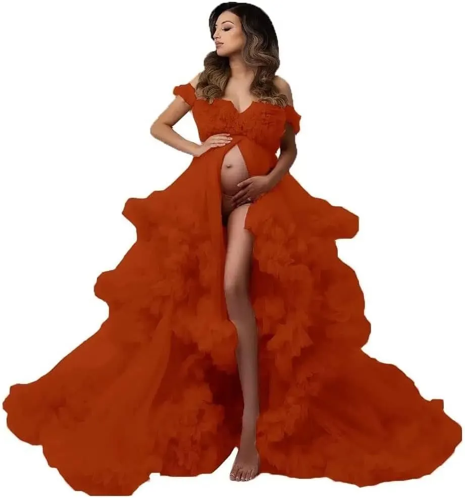 Tulle Maternity Dresses for Photoshoot Puffy Ruffles Bridal Lingerie Bathgown Sheer Baby Shower Pregnancy Robes