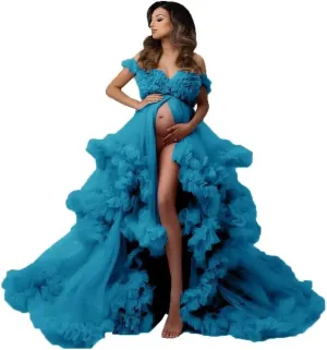 Tulle Maternity Dresses for Photoshoot Puffy Ruffles Bridal Lingerie Bathgown Sheer Baby Shower Pregnancy Robes