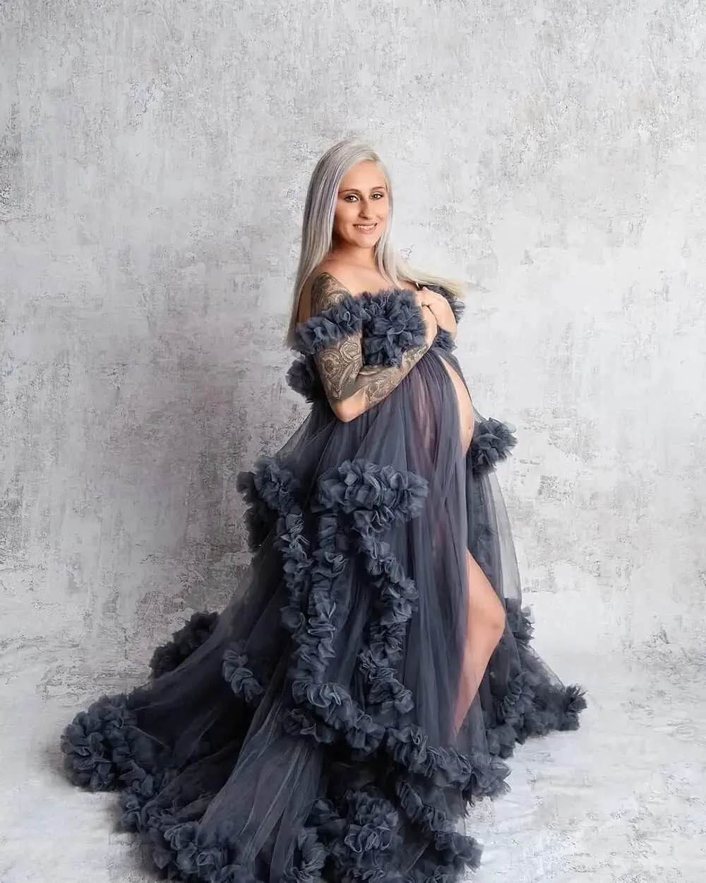 Tulle Maternity Dresses for Photoshoot Puffy Ruffles Bridal Lingerie Bathgown Sheer Baby Shower Pregnancy Robes