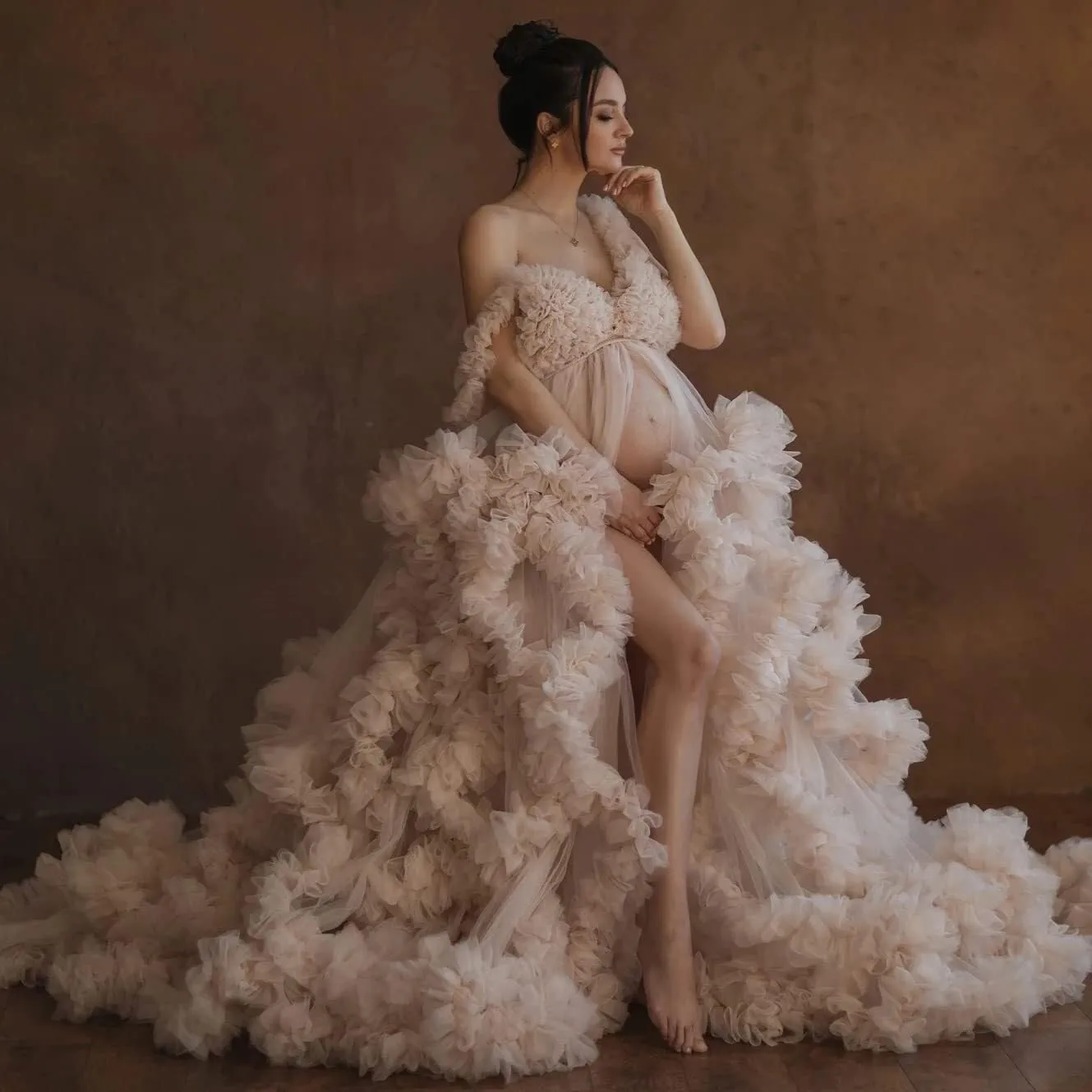 Tulle Maternity Dresses for Photoshoot Puffy Ruffles Bridal Lingerie Bathgown Sheer Baby Shower Pregnancy Robes