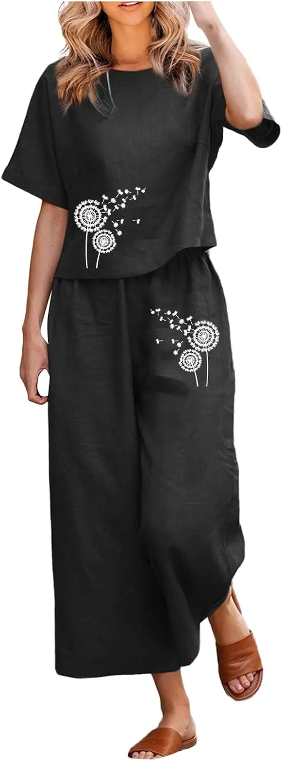 Two Piece Sets For Women Summer Casual Vacation Going Out Two Piece Outfits Short Sleeve Tops Wide Leg Pants Tracksuit