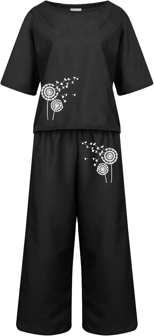 Two Piece Sets For Women Summer Casual Vacation Going Out Two Piece Outfits Short Sleeve Tops Wide Leg Pants Tracksuit