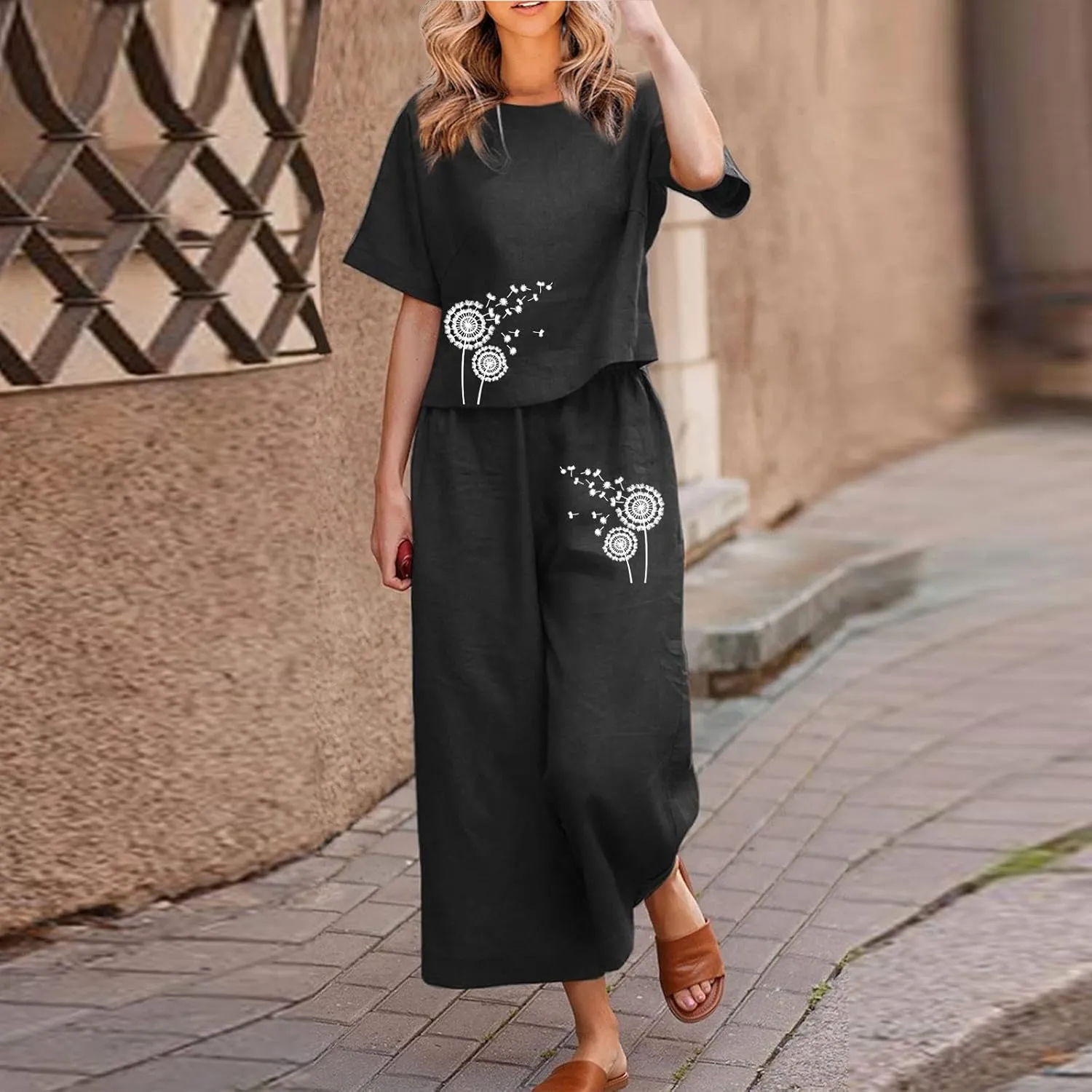 Two Piece Sets For Women Summer Casual Vacation Going Out Two Piece Outfits Short Sleeve Tops Wide Leg Pants Tracksuit