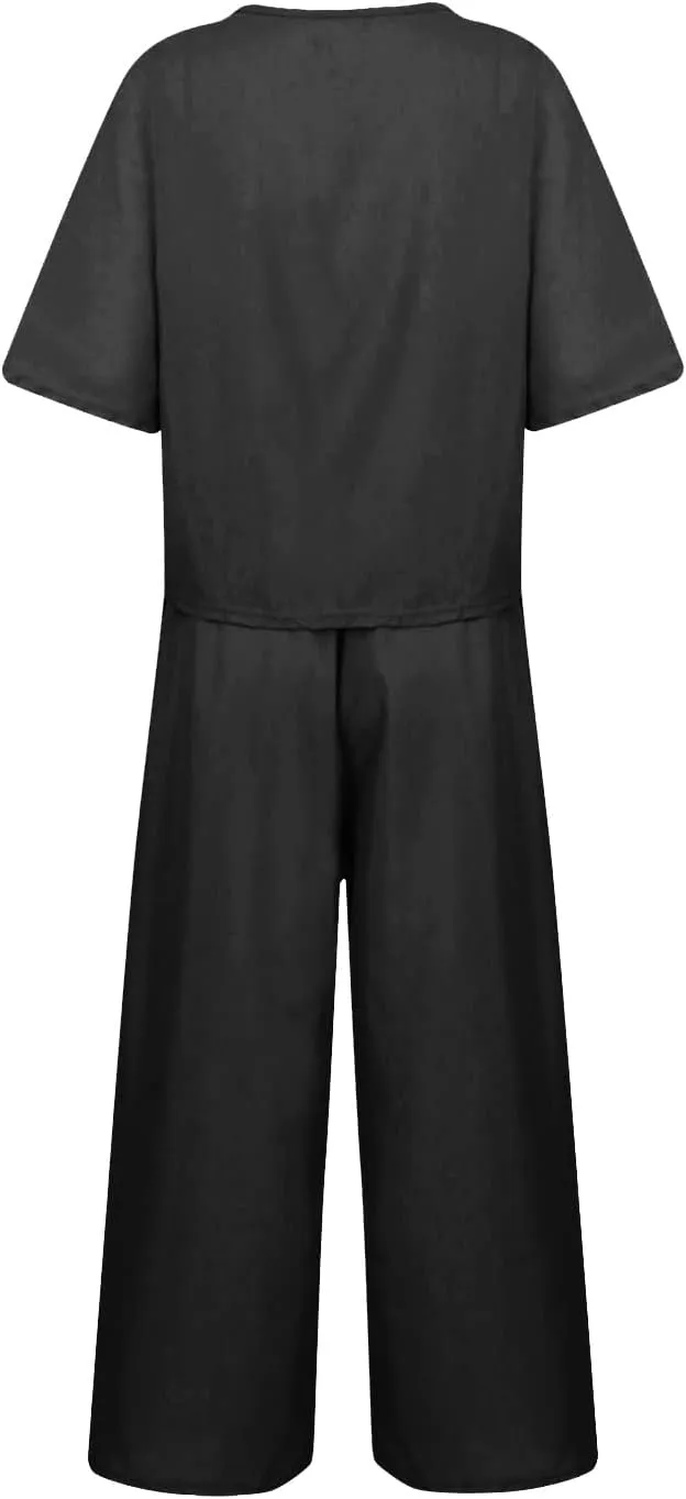 Two Piece Sets For Women Summer Casual Vacation Going Out Two Piece Outfits Short Sleeve Tops Wide Leg Pants Tracksuit