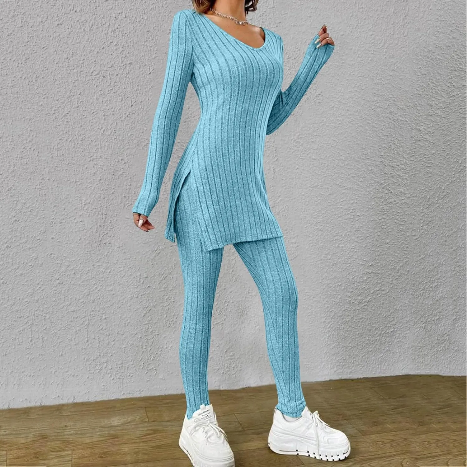 Two Piece Sets for Women,2025 Spring Trendy Ribbed Knit Lounge Set V Neck Slit Long Sleeve Tops & Pants Loungewear