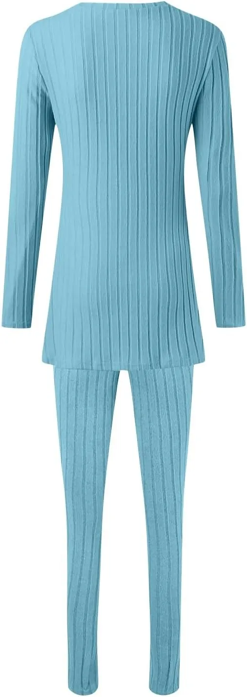 Two Piece Sets for Women,2025 Spring Trendy Ribbed Knit Lounge Set V Neck Slit Long Sleeve Tops & Pants Loungewear