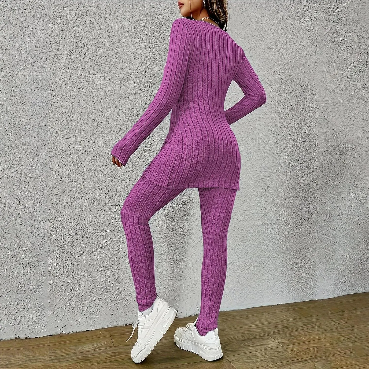 Two Piece Sets for Women,2025 Spring Trendy Ribbed Knit Lounge Set V Neck Slit Long Sleeve Tops & Pants Loungewear