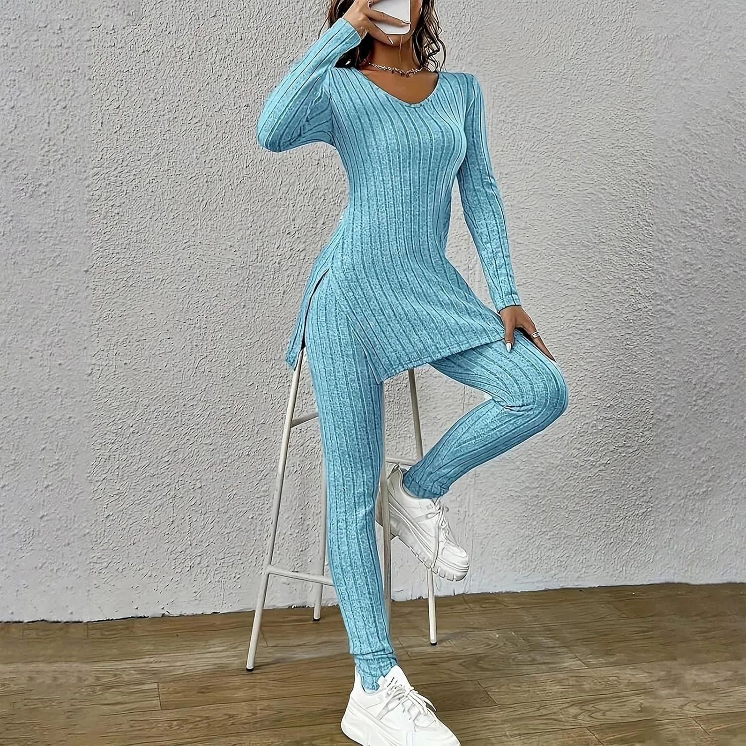 Two Piece Sets for Women,2025 Spring Trendy Ribbed Knit Lounge Set V Neck Slit Long Sleeve Tops & Pants Loungewear