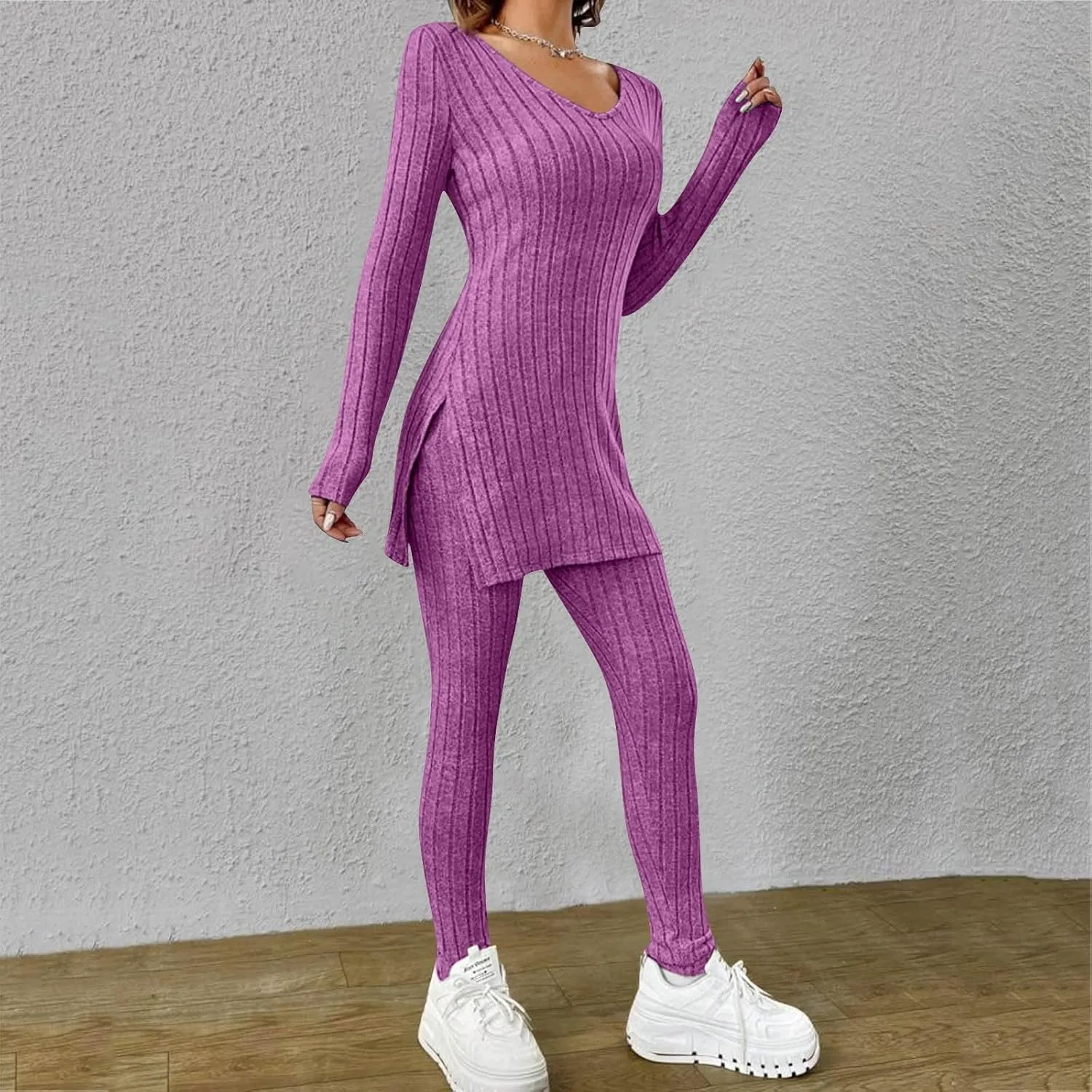 Two Piece Sets for Women,2025 Spring Trendy Ribbed Knit Lounge Set V Neck Slit Long Sleeve Tops & Pants Loungewear