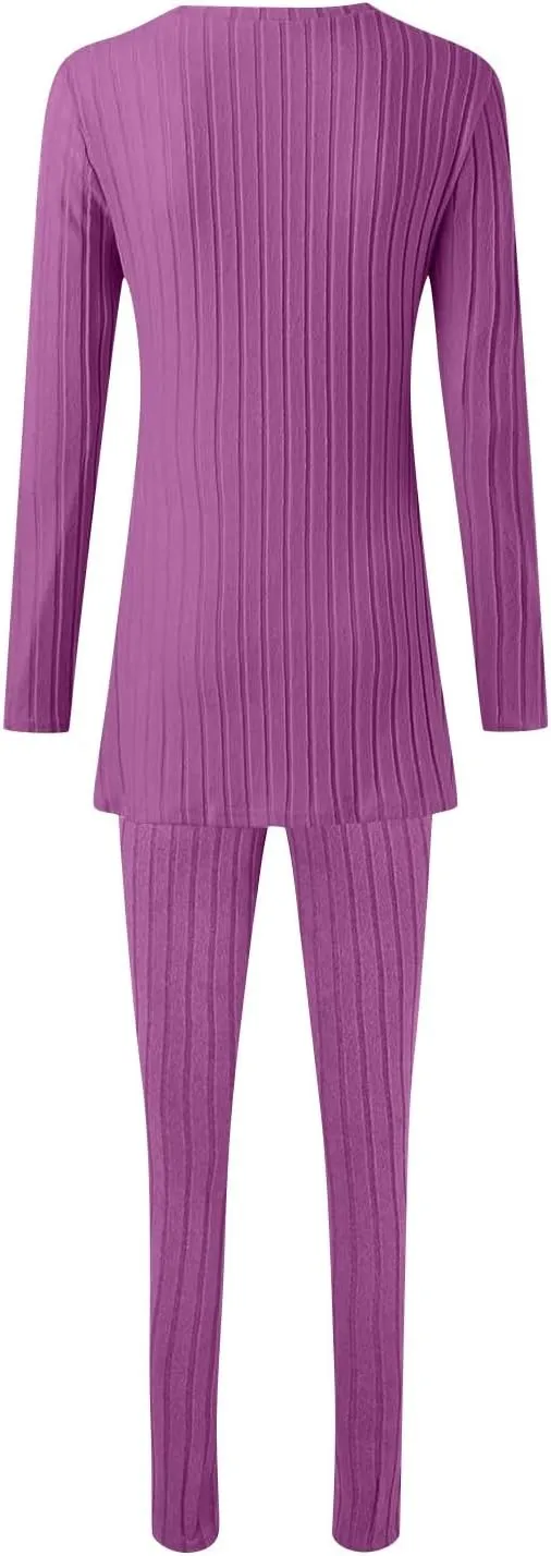 Two Piece Sets for Women,2025 Spring Trendy Ribbed Knit Lounge Set V Neck Slit Long Sleeve Tops & Pants Loungewear