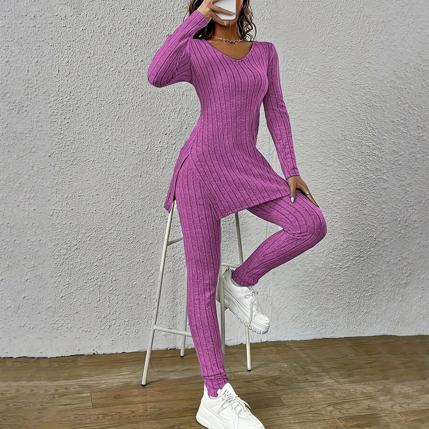 Two Piece Sets for Women,2025 Spring Trendy Ribbed Knit Lounge Set V Neck Slit Long Sleeve Tops & Pants Loungewear