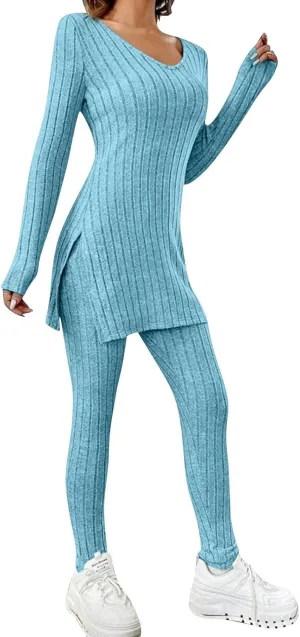 Two Piece Sets for Women,2025 Spring Trendy Ribbed Knit Lounge Set V Neck Slit Long Sleeve Tops & Pants Loungewear