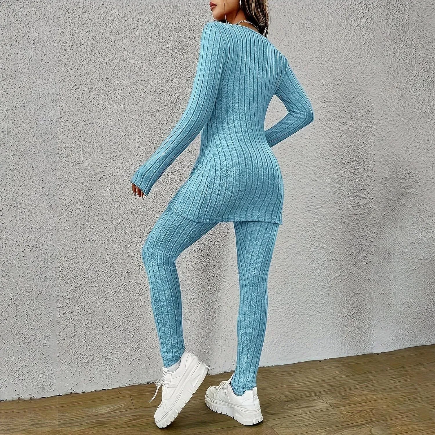 Two Piece Sets for Women,2025 Spring Trendy Ribbed Knit Lounge Set V Neck Slit Long Sleeve Tops & Pants Loungewear
