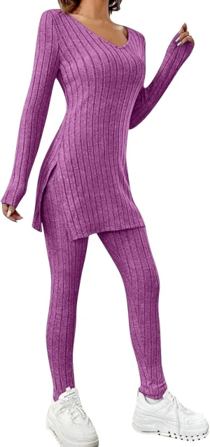 Two Piece Sets for Women,2025 Spring Trendy Ribbed Knit Lounge Set V Neck Slit Long Sleeve Tops & Pants Loungewear