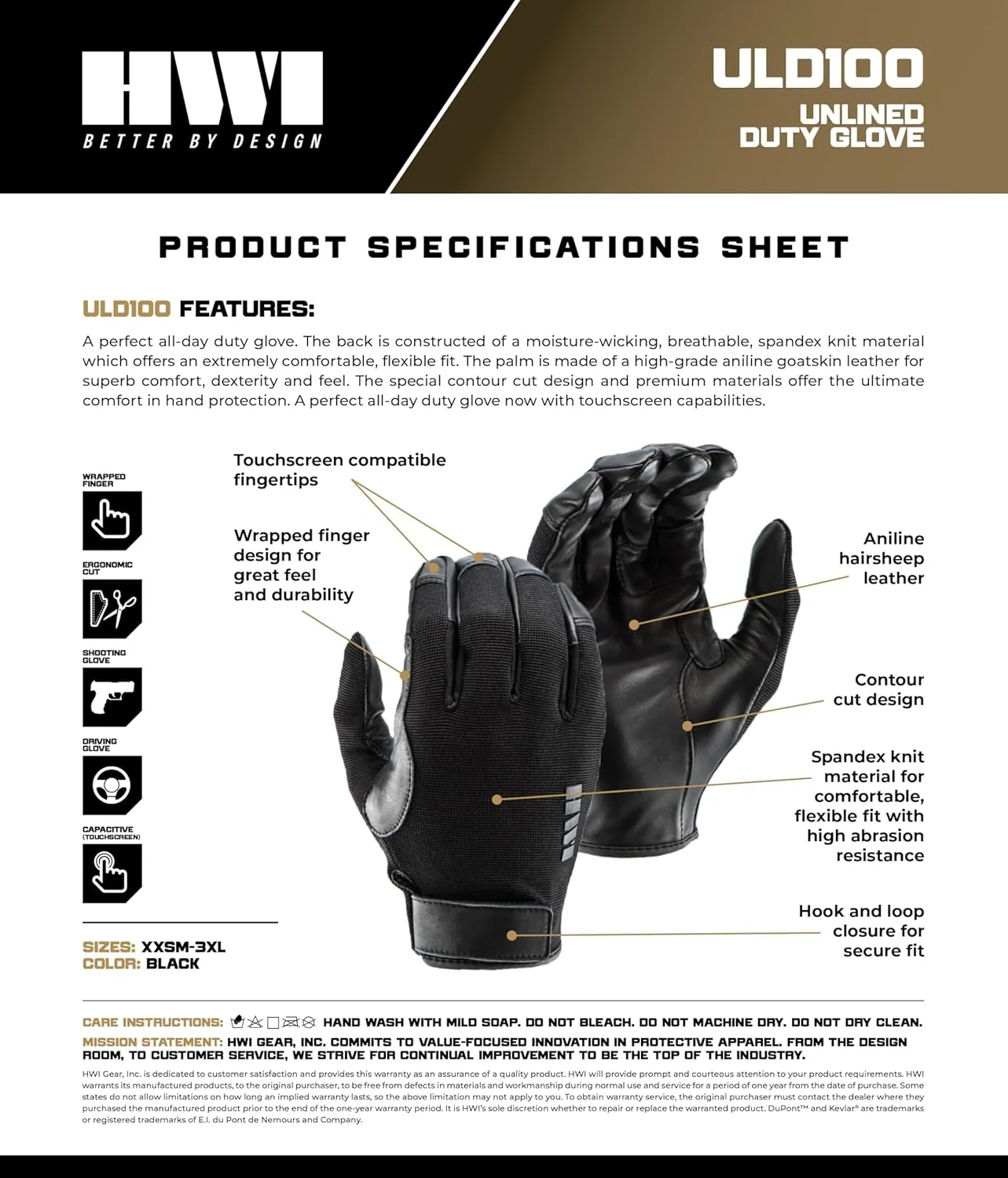 ULD100 Unlined Duty Glove, Touchscreen Capable, Protection, Driving, Ergonomic Cut, Wrapped Finger, Black XXL