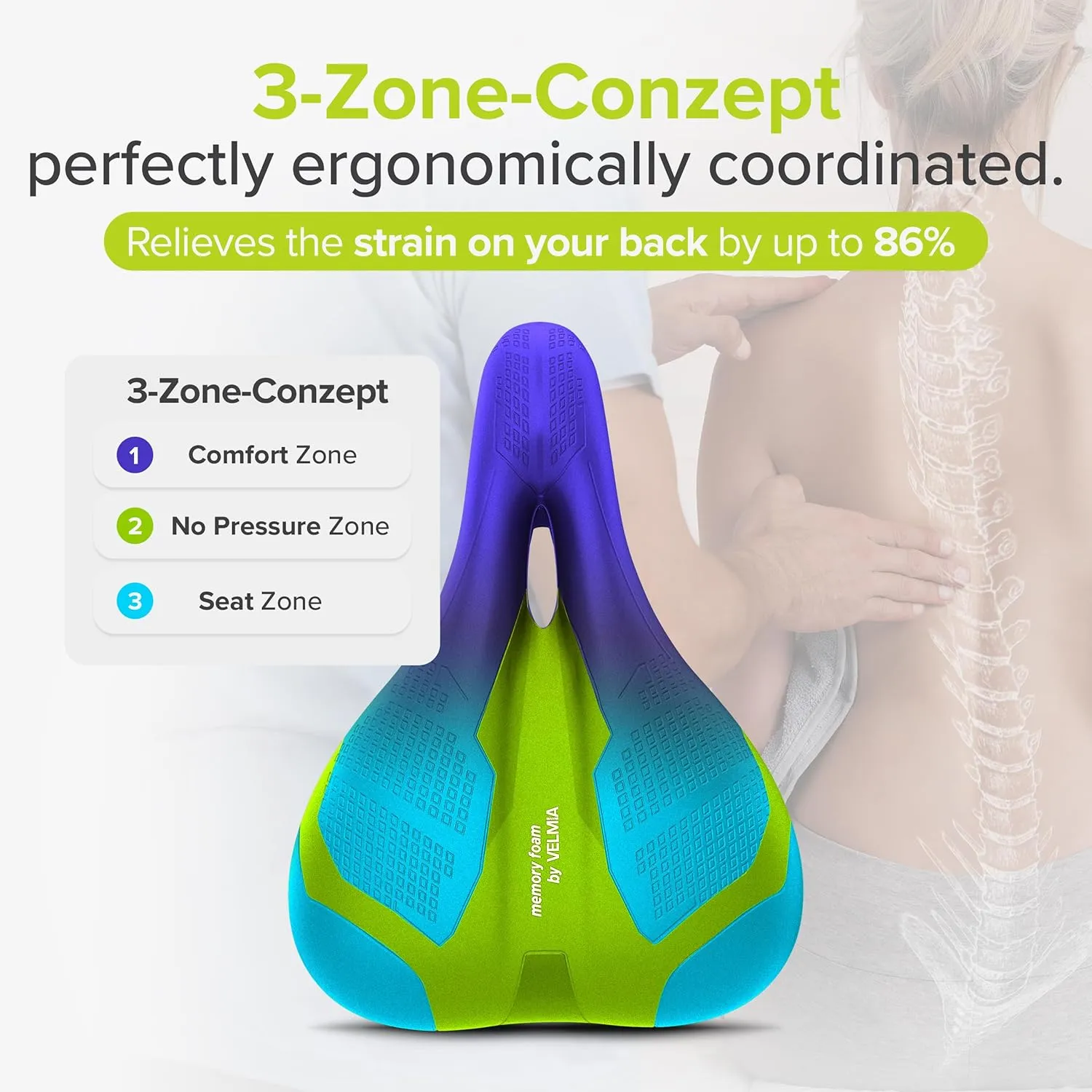 Velmia Bicycle Saddle - Comfortable Saddle for Men and Women - 3 Zone Concept - Waterproof Bicycle Seat with Ergonomic Design