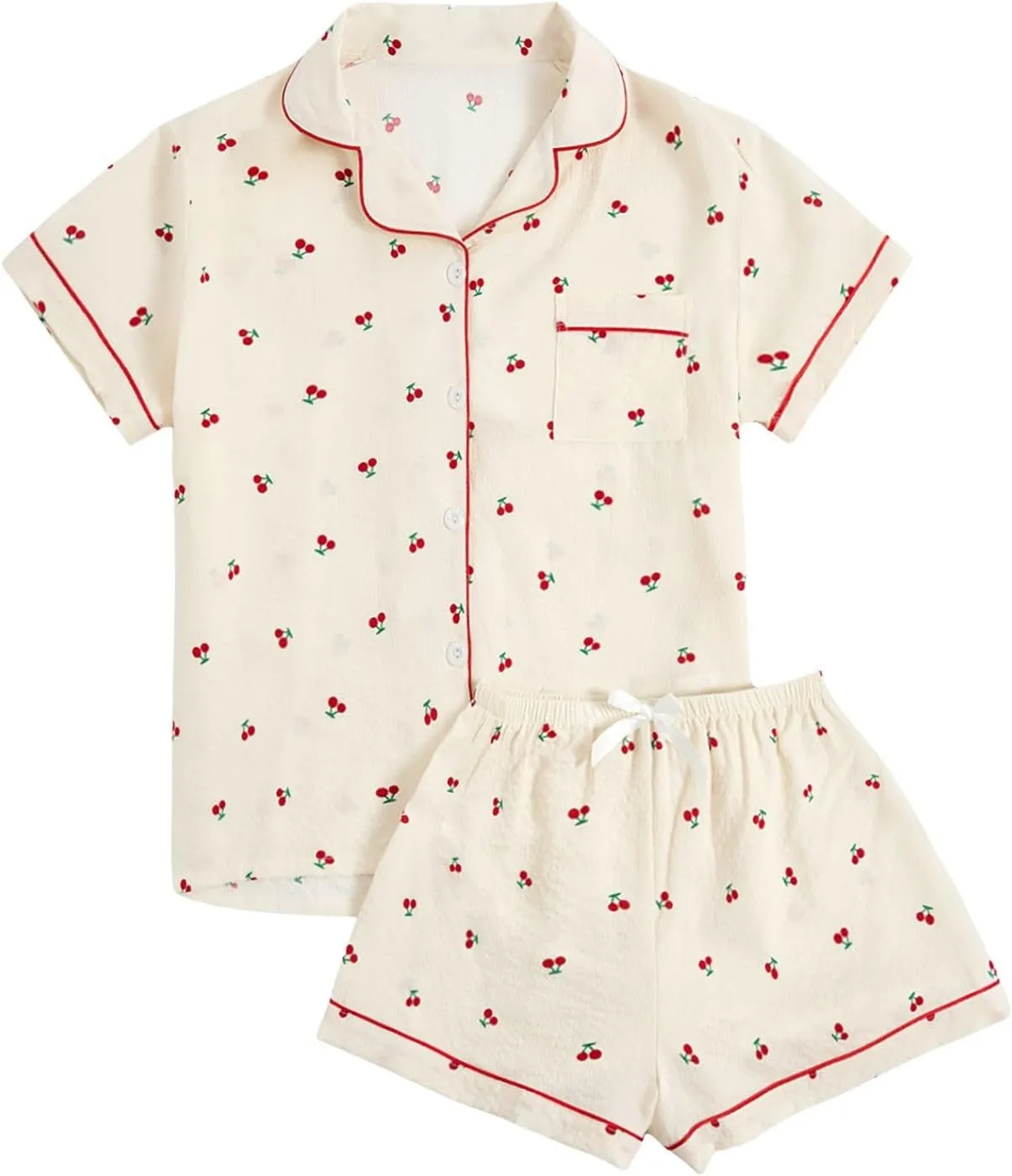 Verdusa Women's 2 Piece Pajama Set Matching Pjs Sets Cute Printed Sleepwear Button Up Shirt with Lounge Shorts Set