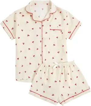 Verdusa Women's 2 Piece Pajama Set Matching Pjs Sets Cute Printed Sleepwear Button Up Shirt with Lounge Shorts Set