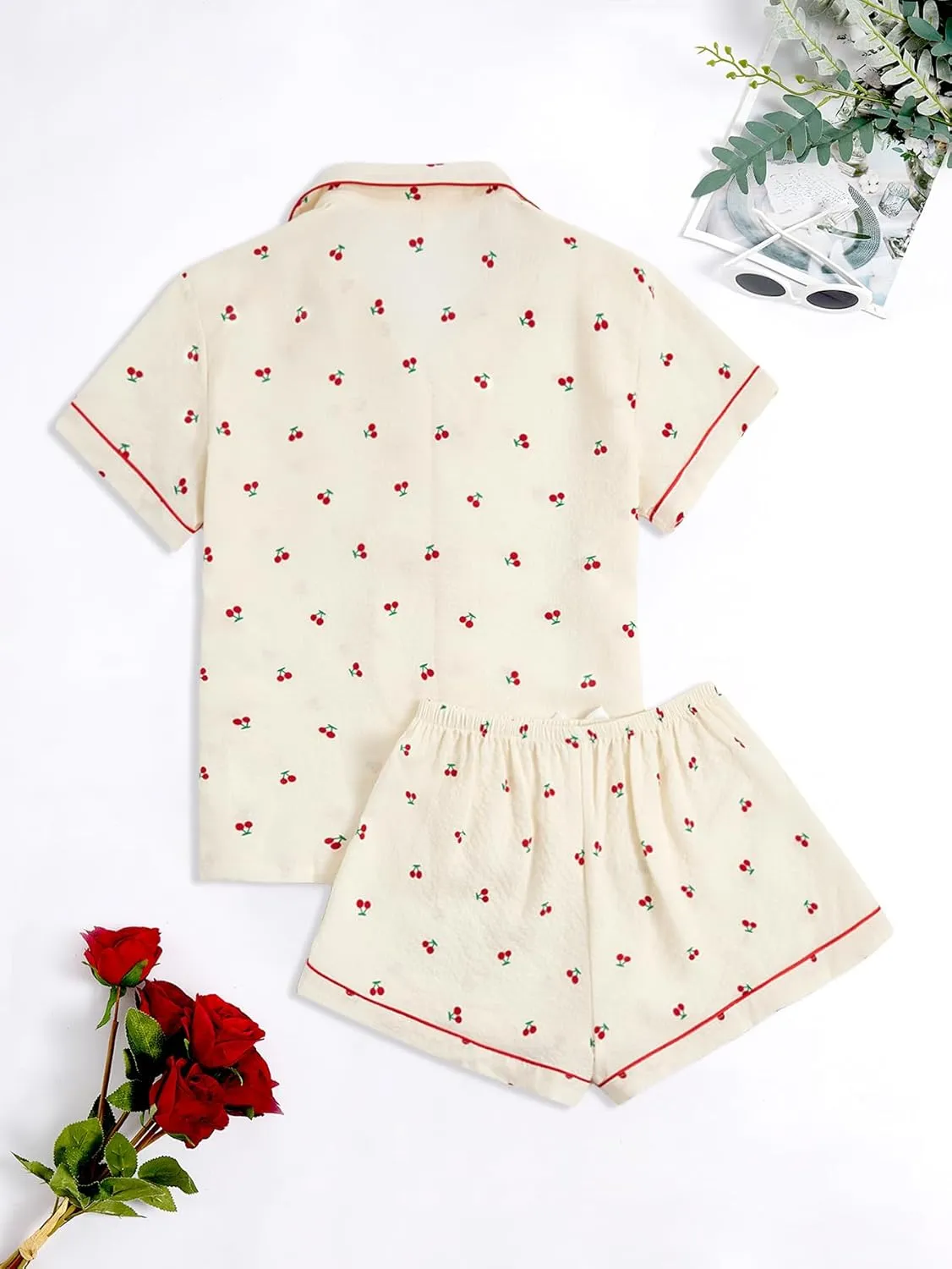 Verdusa Women's 2 Piece Pajama Set Matching Pjs Sets Cute Printed Sleepwear Button Up Shirt with Lounge Shorts Set