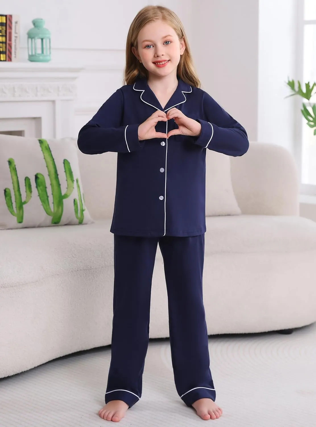 Veseacky Girls Pajamas Sets 100% Cotton PJ ButtonDown Long Sleeve 2 Piece Pajamas Set Boys Girls Pjs for Ages 5-1(120-160)