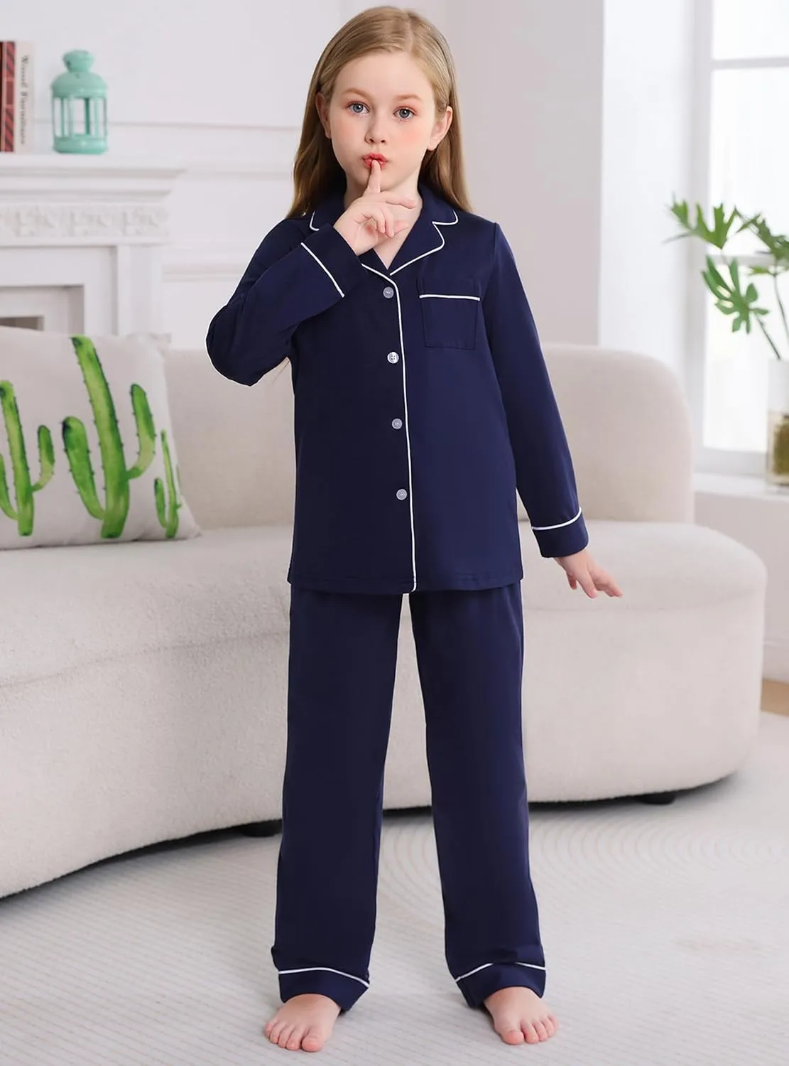 Veseacky Girls Pajamas Sets 100% Cotton PJ ButtonDown Long Sleeve 2 Piece Pajamas Set Boys Girls Pjs for Ages 5-1(120-160)