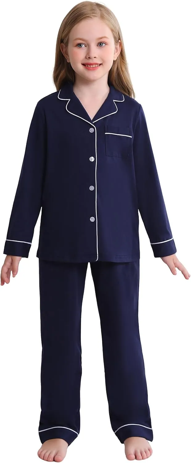 Veseacky Girls Pajamas Sets 100% Cotton PJ ButtonDown Long Sleeve 2 Piece Pajamas Set Boys Girls Pjs for Ages 5-1(120-160)