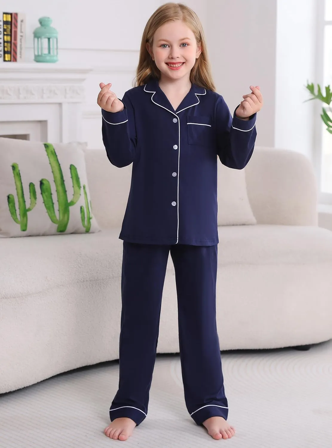 Veseacky Girls Pajamas Sets 100% Cotton PJ ButtonDown Long Sleeve 2 Piece Pajamas Set Boys Girls Pjs for Ages 5-1(120-160)